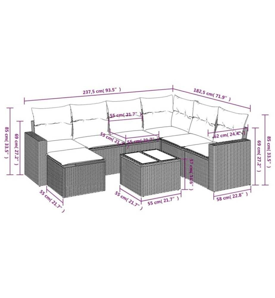 8-tlg. Garten-Sofagarnitur mit Kissen Schwarz Poly Rattan