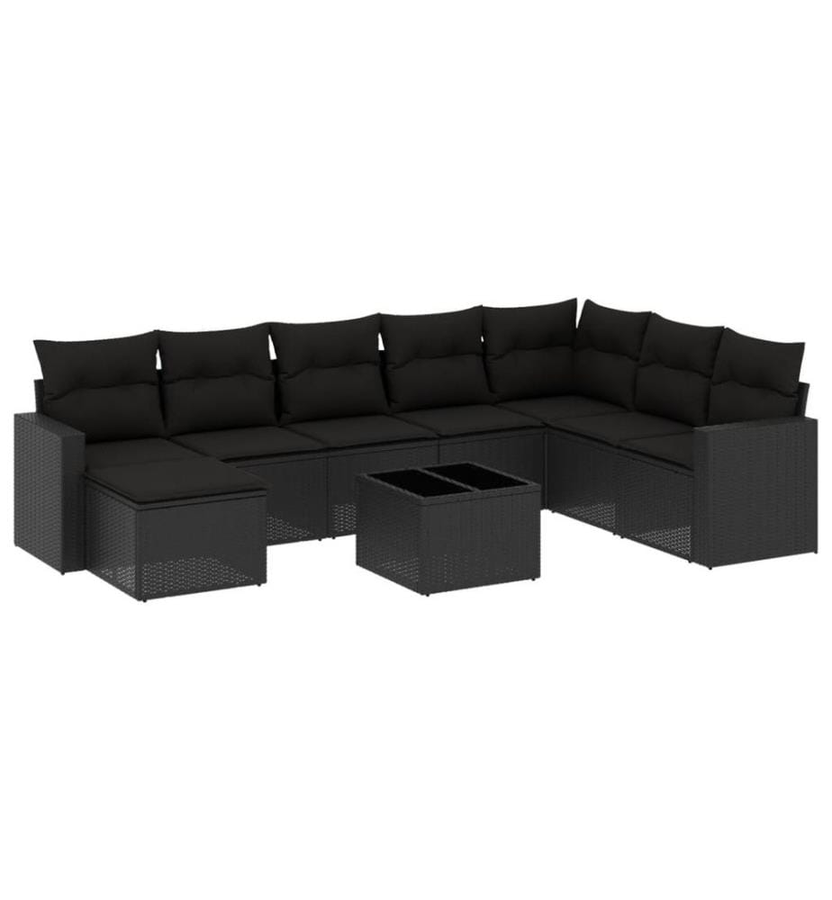 9-tlg. Garten-Sofagarnitur mit Kissen Schwarz Poly Rattan