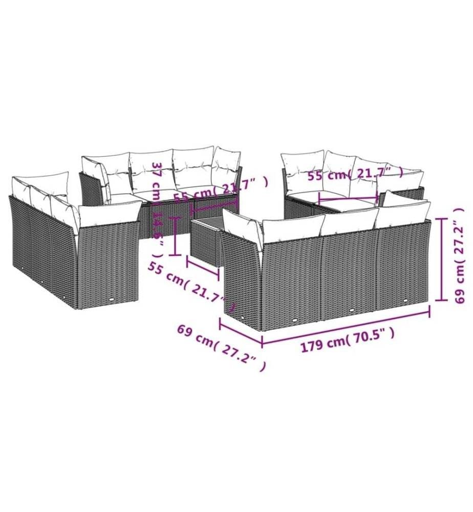 13-tlg. Garten-Sofagarnitur mit Kissen Schwarz Poly Rattan