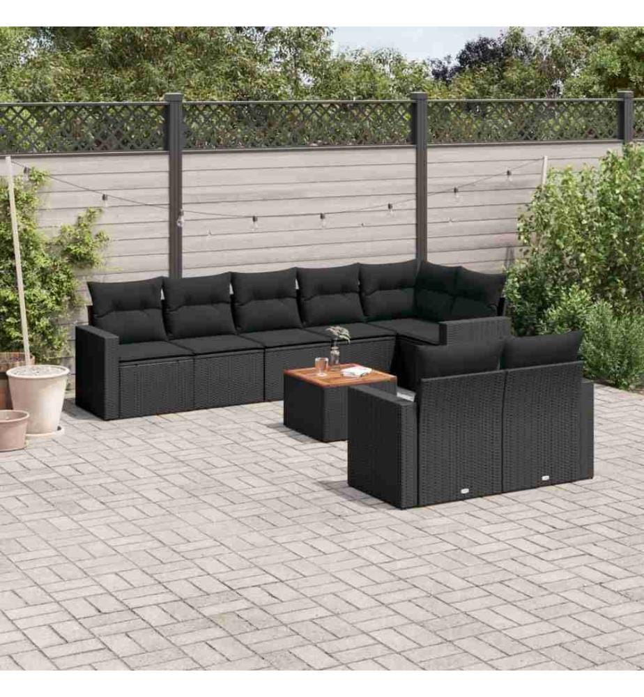 Salon de jardin 9 pcs avec coussins noir résine tressée