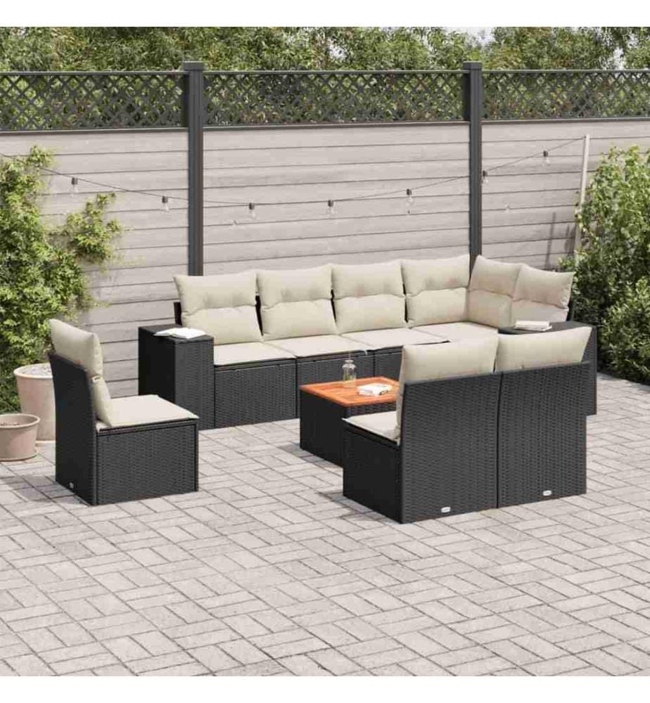 Salon de jardin 9 pcs avec coussins noir résine tressée