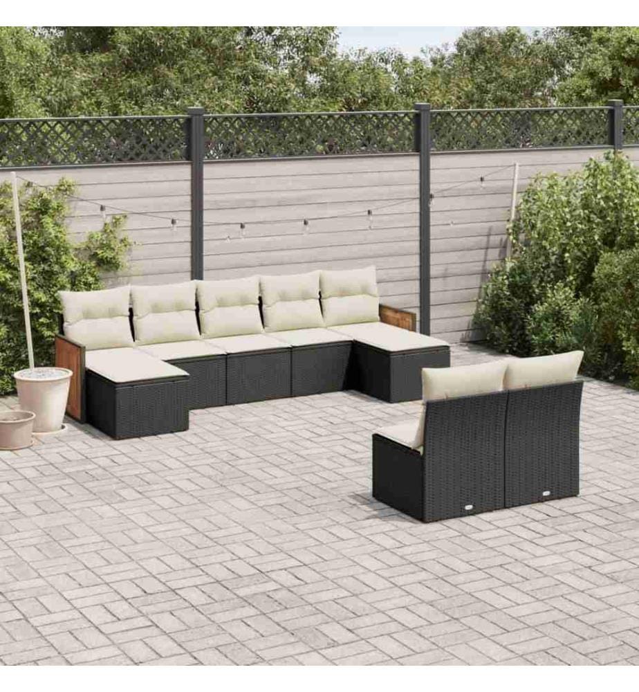 Salon de jardin 9 pcs avec coussins noir résine tressée