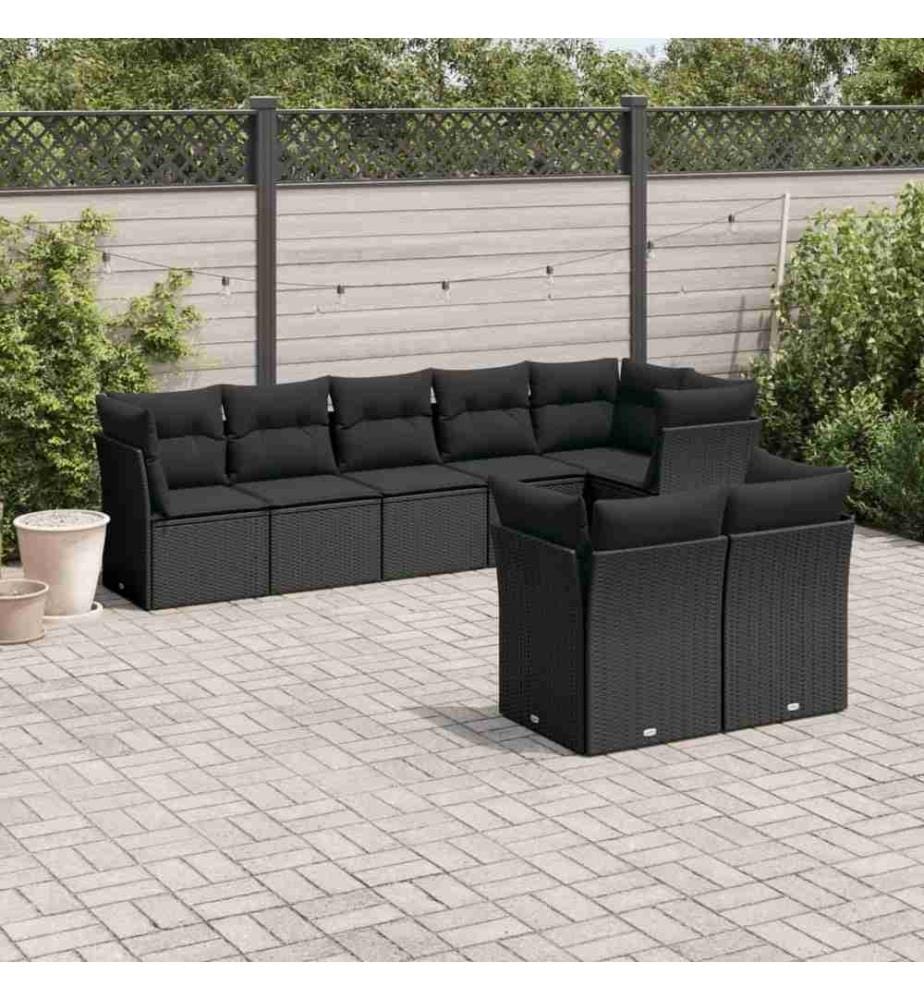 Salon de jardin 8 pcs avec coussins noir résine tressée