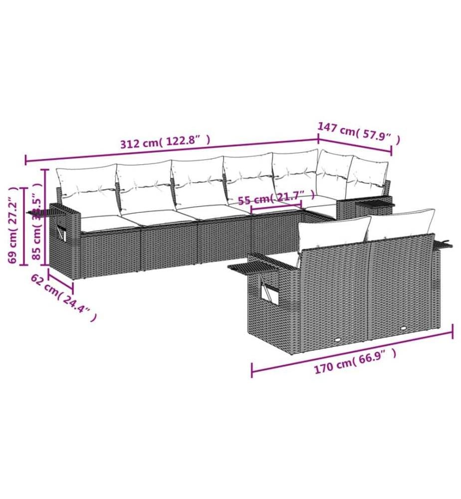 8-tlg. Garten-Sofagarnitur mit Kissen Braun Poly Rattan