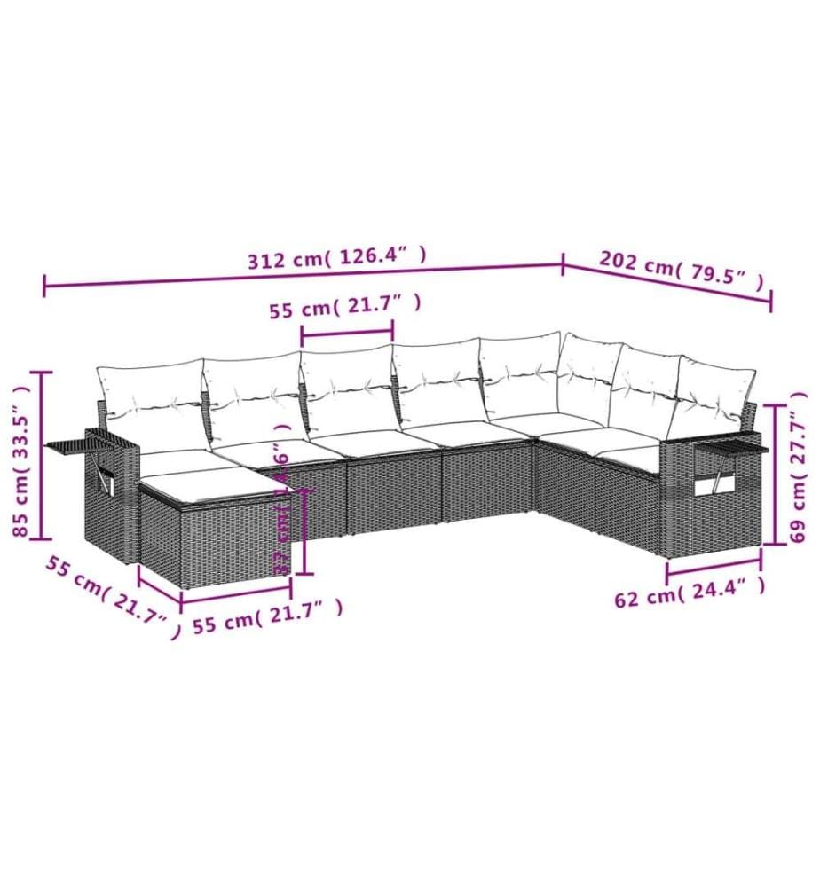 8-tlg. Garten-Sofagarnitur mit Kissen Braun Poly Rattan