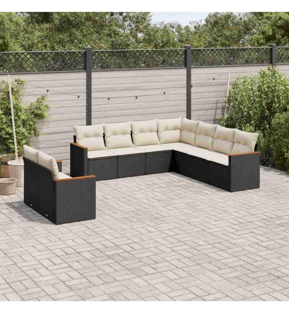 Salon de jardin 9 pcs avec coussins noir résine tressée