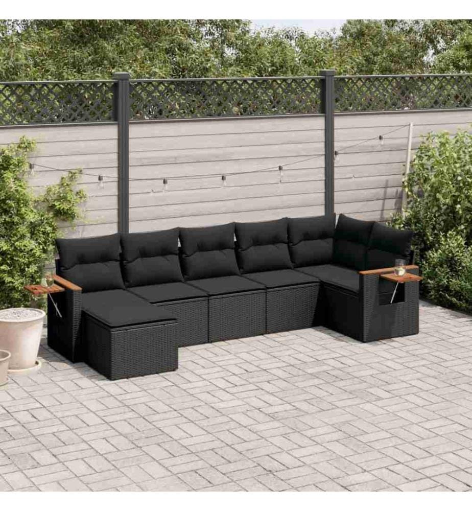 7-tlg. Garten-Sofagarnitur mit Kissen Schwarz Poly Rattan