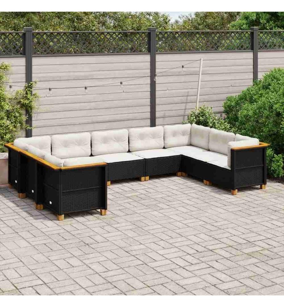 Salon de jardin 9 pcs avec coussins noir résine tressée