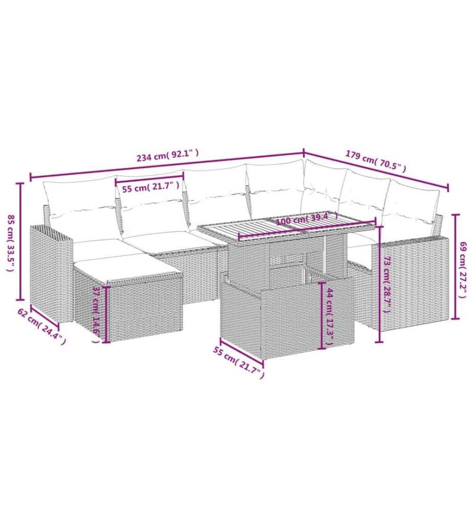 8-tlg. Garten-Sofagarnitur mit Kissen Schwarz Poly Rattan