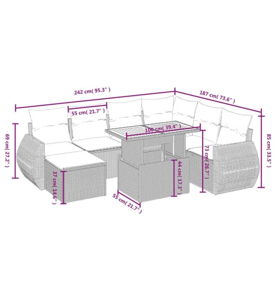 8-tlg. Garten-Sofagarnitur mit Kissen Schwarz Poly Rattan