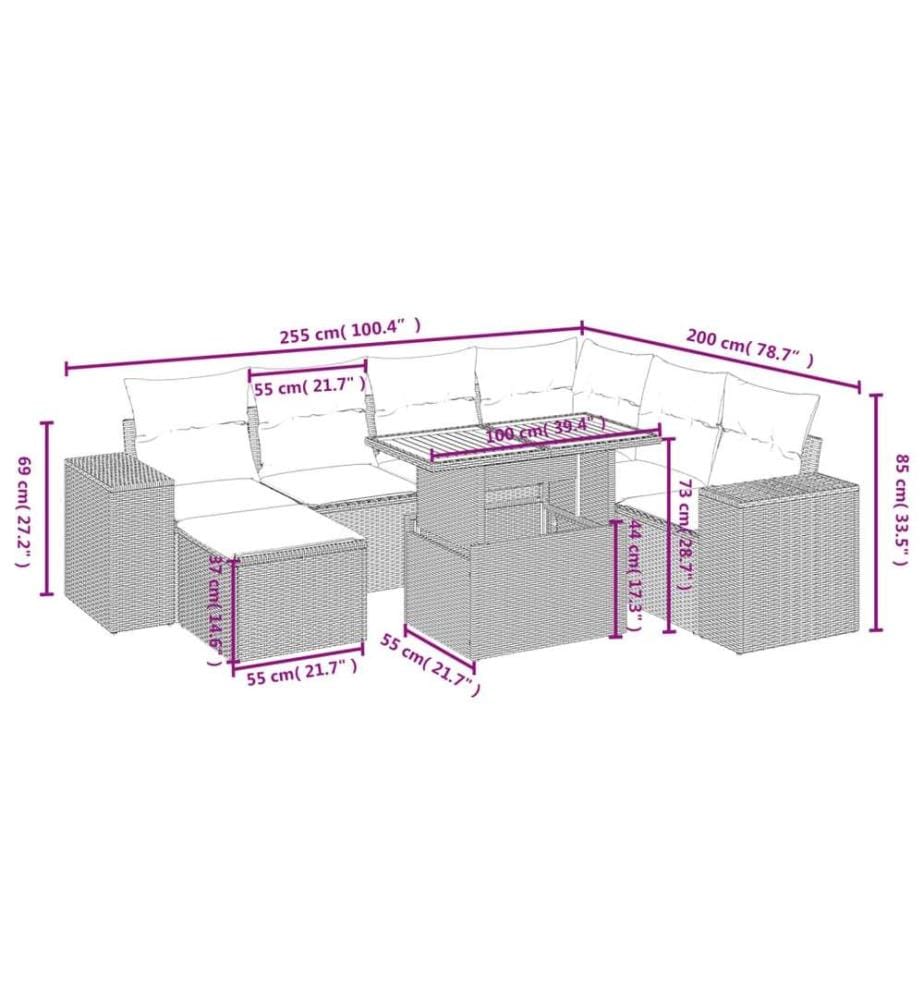 8-tlg. Garten-Sofagarnitur mit Kissen Schwarz Poly Rattan