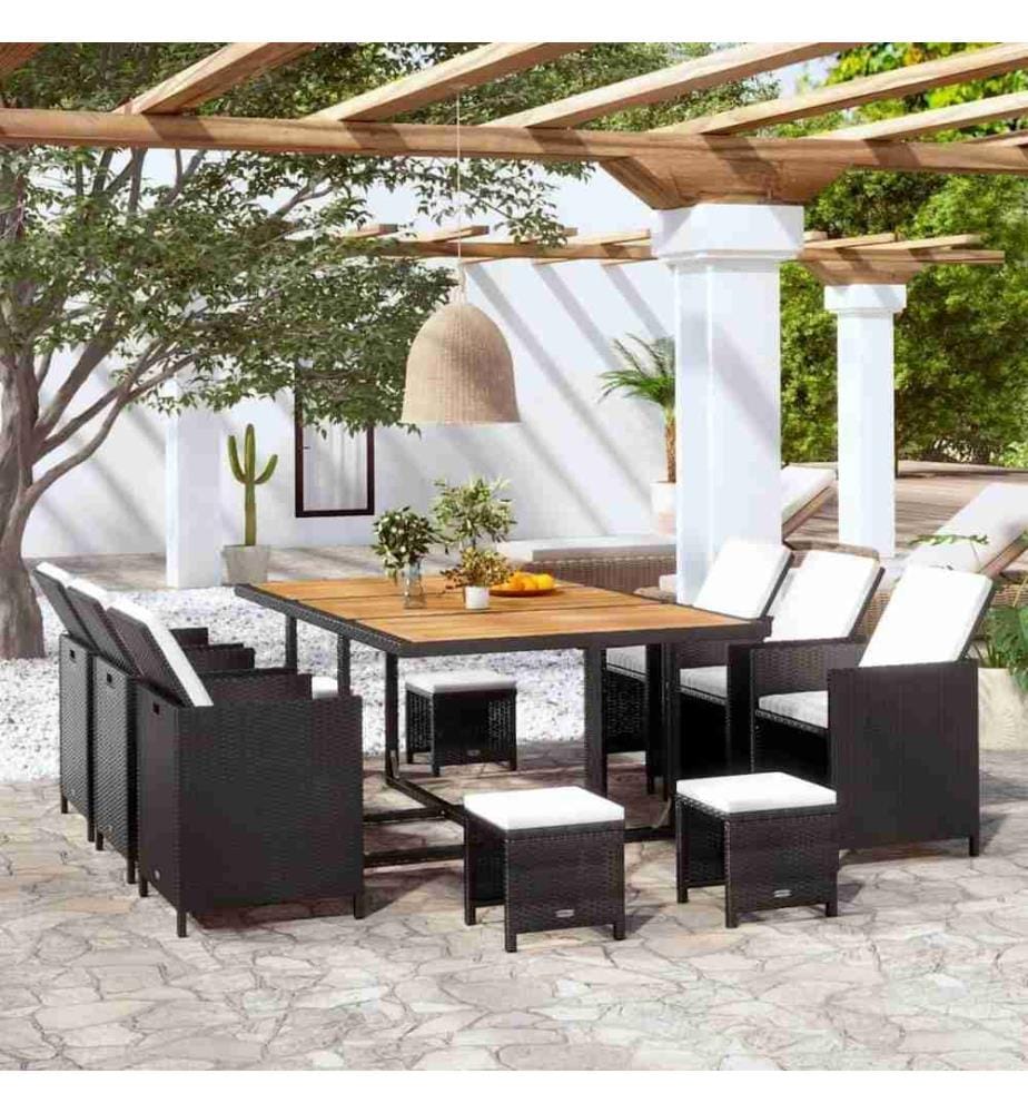 11-tlg. Garten-Essgruppe mit Auflagen Poly Rattan Schwarz