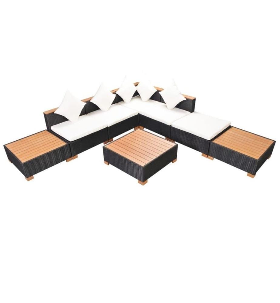 Salon de jardin 8 pcs avec coussins Résine tressée Noir