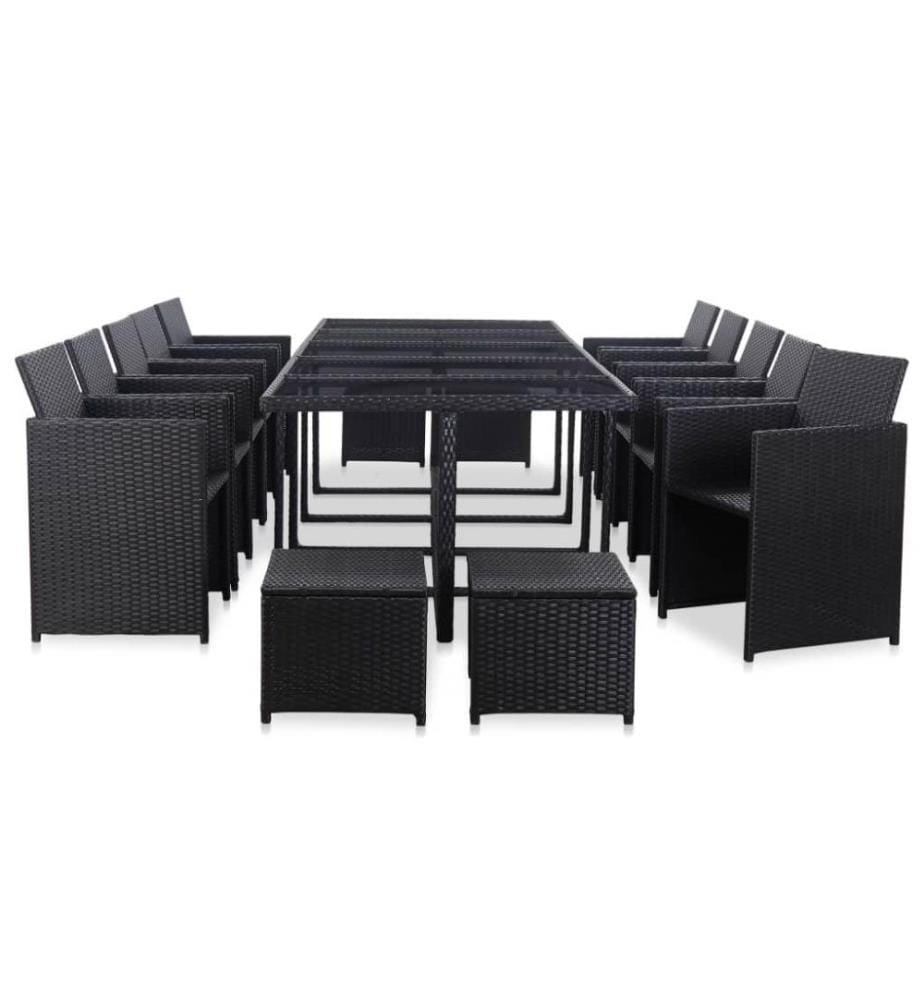 15-tlg. Garten-Essgruppe mit Kissen Poly Rattan Schwarz