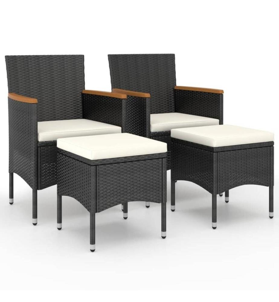 4-tlg. Gartenstuhl und Hocker Set Poly Rattan Schwarz