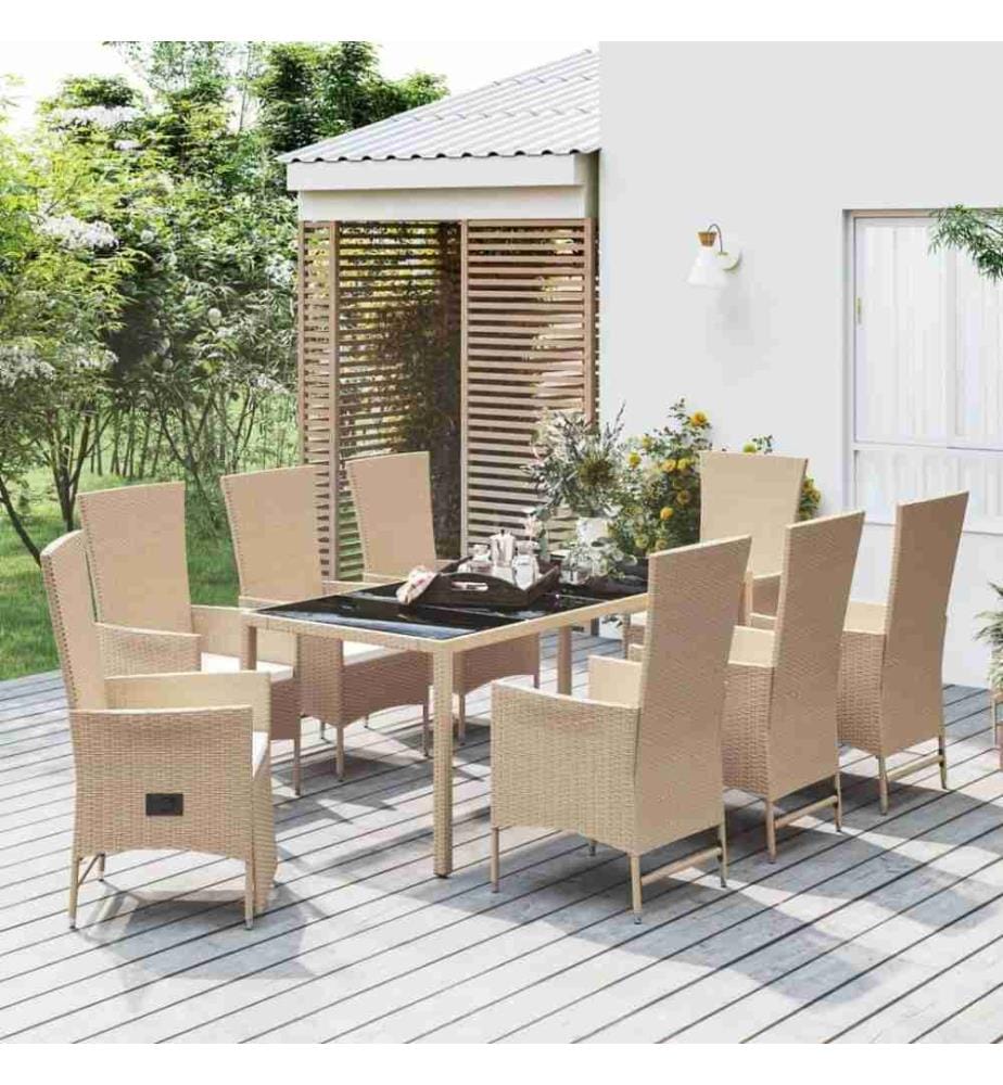 Meubles à dîner de jardin et coussins 9 pcs beige Poly rotin