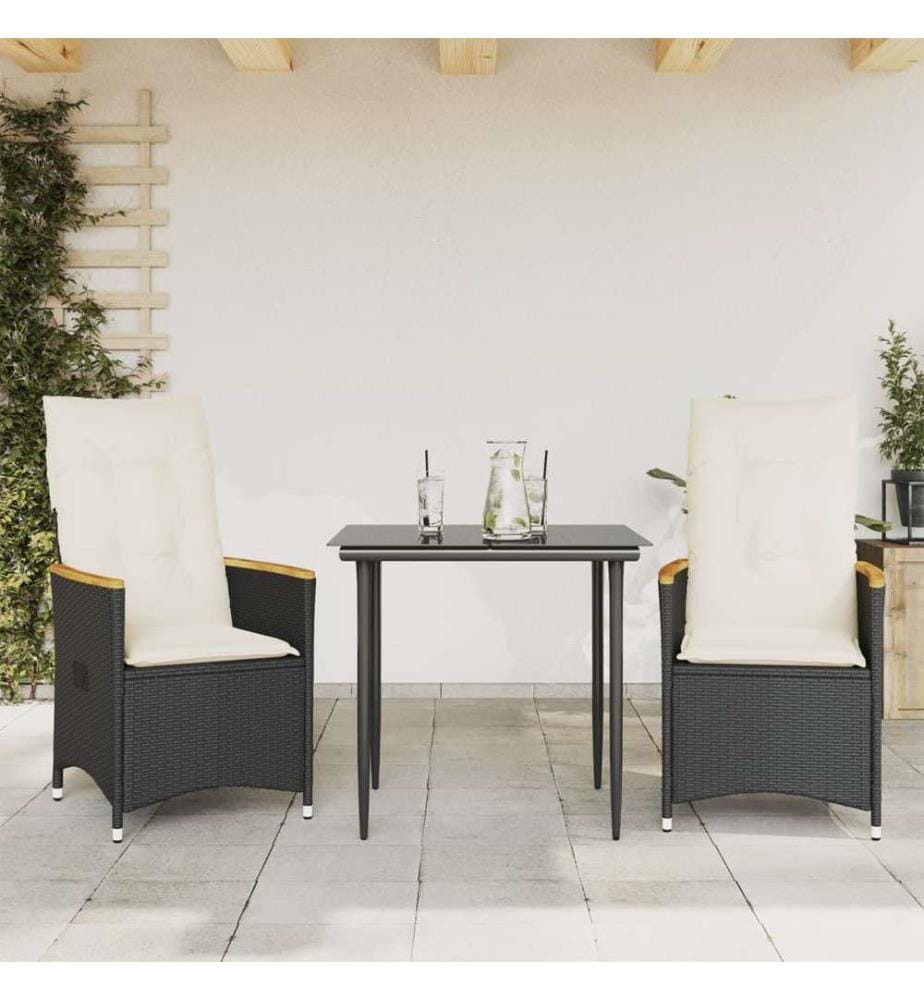 Chaises inclinables de jardin lot de 2 et coussins noir rotin