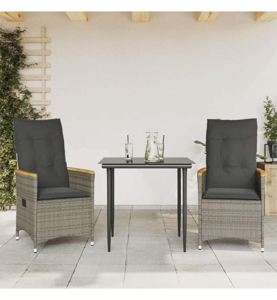 Chaises inclinables de jardin lot de 2 et coussins gris rotin