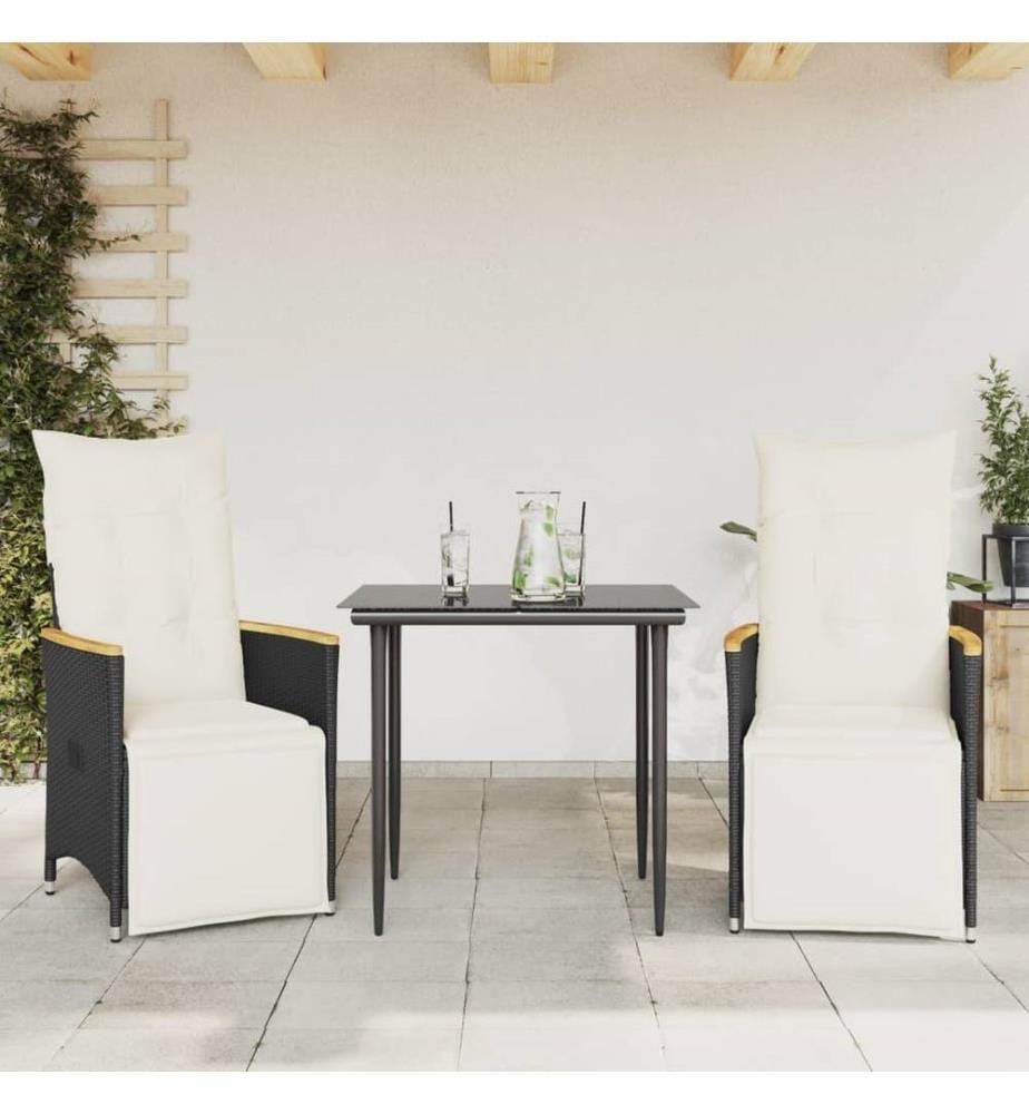 Chaises inclinables de jardin lot de 2 et coussins noir rotin