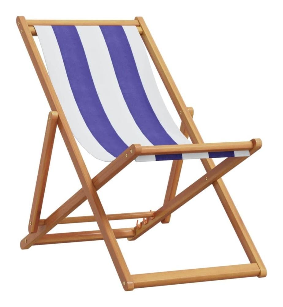 Strandstuhl Klappbar Blau Weiss Massivholz Eukalyptus und Stoff