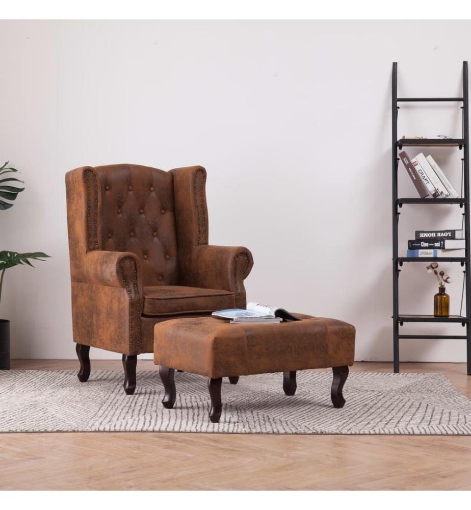 Chesterfield-Sessel und Fusshocker Braun Wildleder-Optik