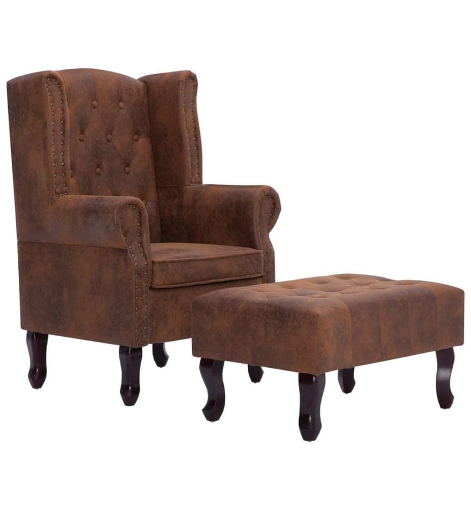 Chesterfield-Sessel und Fusshocker Braun Wildleder-Optik