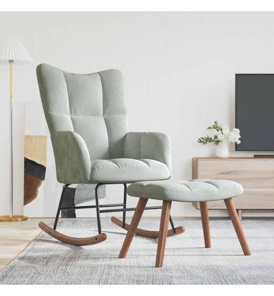 Chaise à bascule avec repose-pied Gris clair Velours