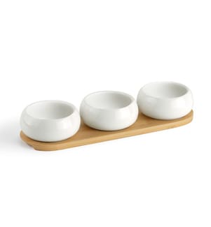 Set aus 3 Keramik-Apéroschalen mit Bambusplatte Tapas