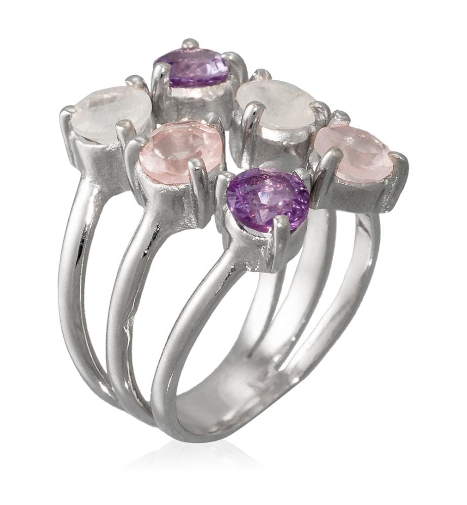 Verstellbarer Ring Stella Mondstein, Amethyst und Rosenquarz