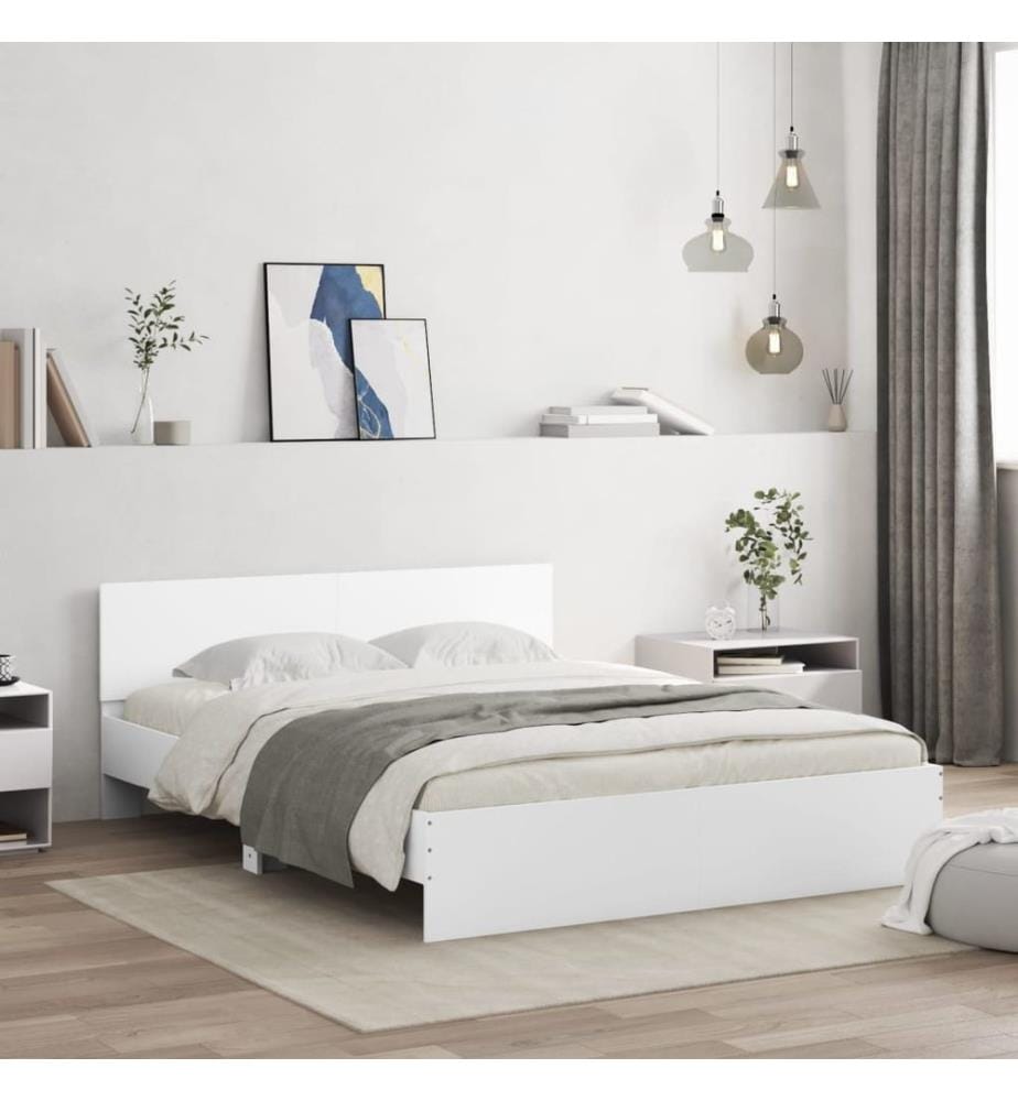 Bettgestell mit Kopfteil und LED-Beleuchtung Weiss 160x200 cm