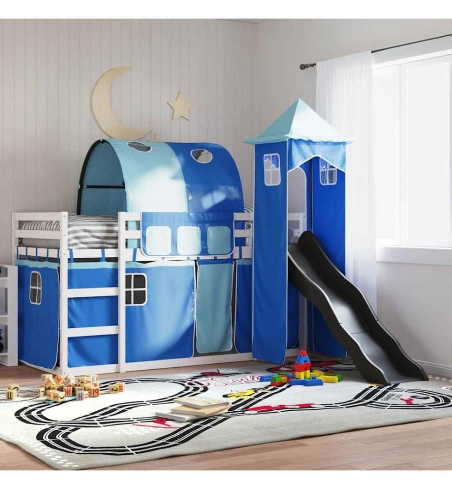 Lit superposé sans matelas avec toboggan et rideaux 90x200 cm