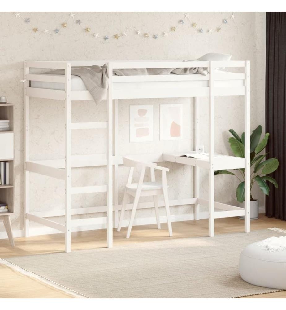Hochbett mit Schreibtisch Weiss 90x200 cm Massivholz Kiefer