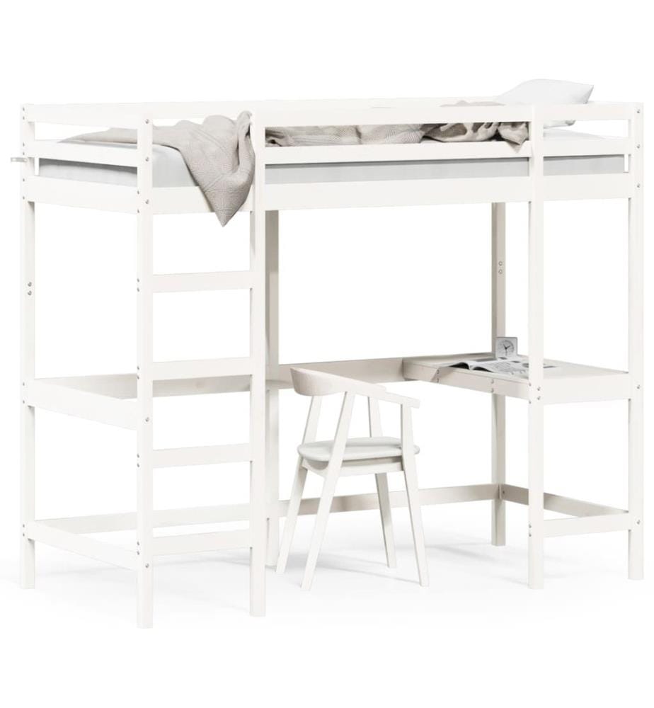 Hochbett mit Schreibtisch Weiss 90x200 cm Massivholz Kiefer