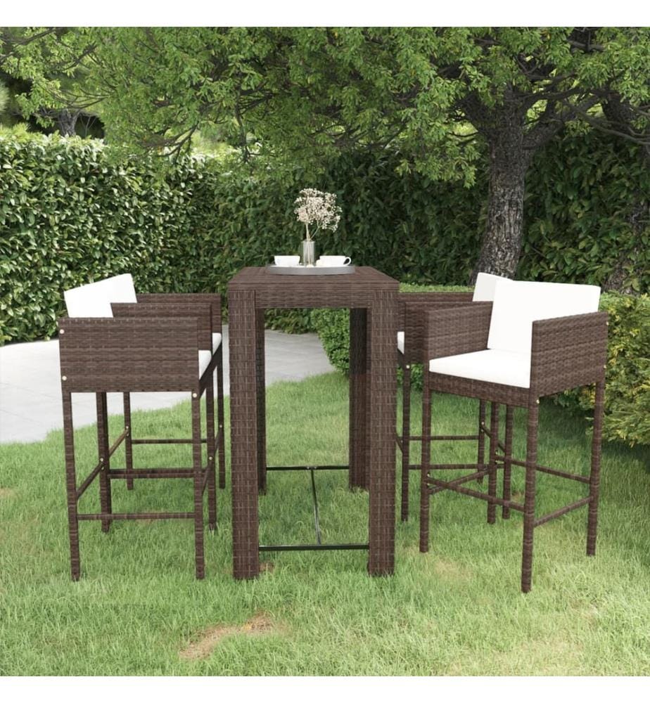 5-tlg. Gartenbar-Set mit Kissen Poly Rattan Braun