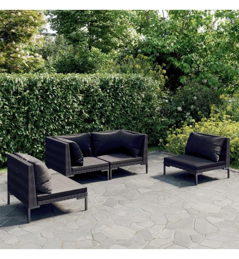 4-tlg. Garten-Lounge-Set mit Kissen Poly Rattan Dunkelgrau