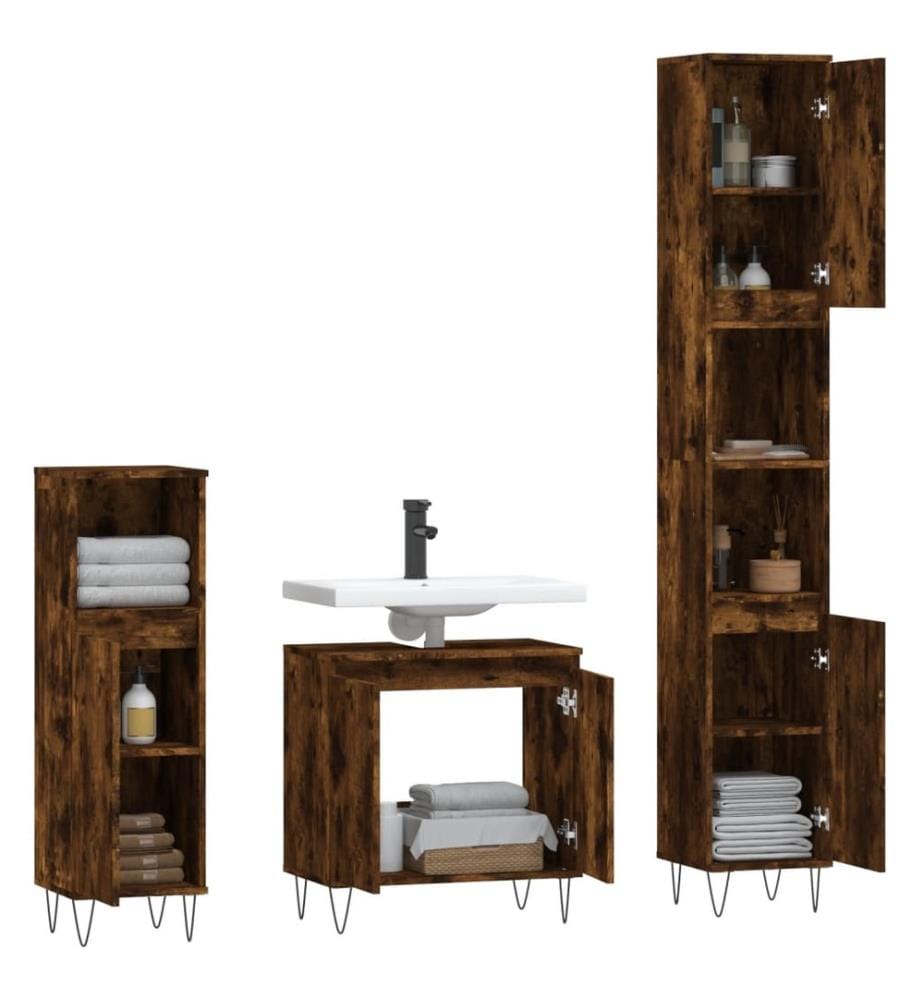 Ensemble d'armoires de salle de bain 3 pcs chêne fumé