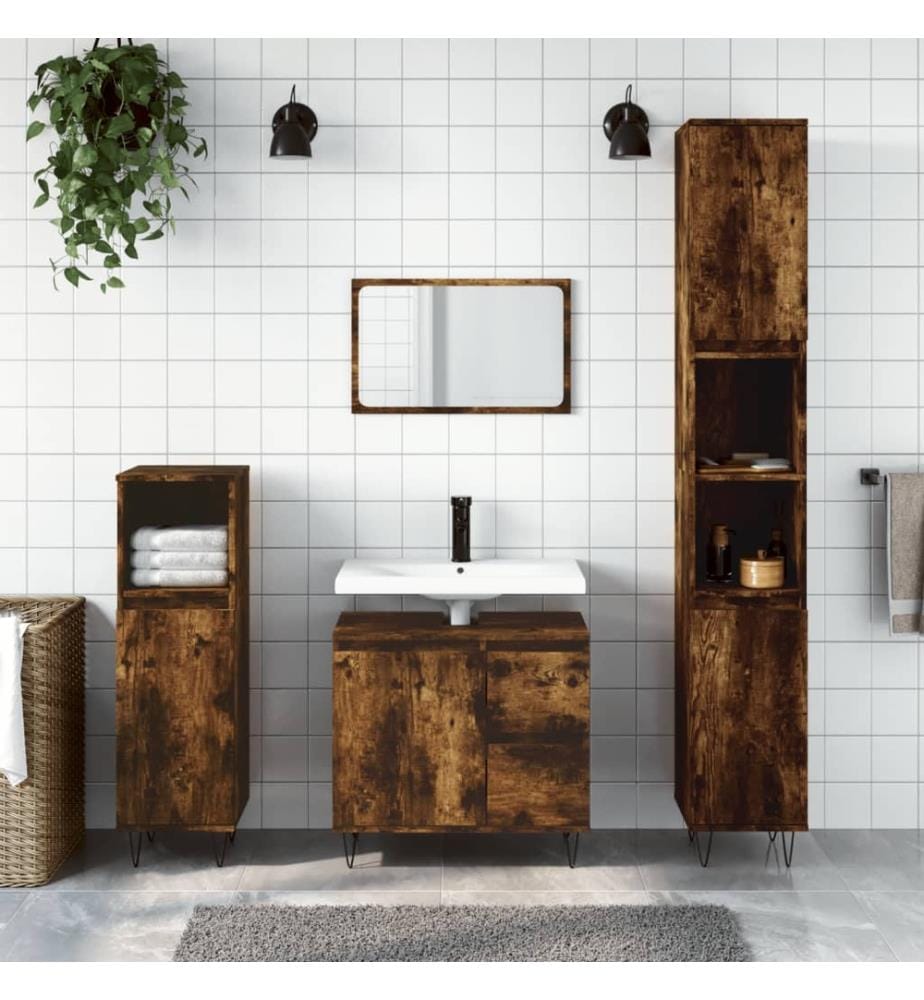 Ensemble de meubles de salle de bain 3 pcs Chêne fumé