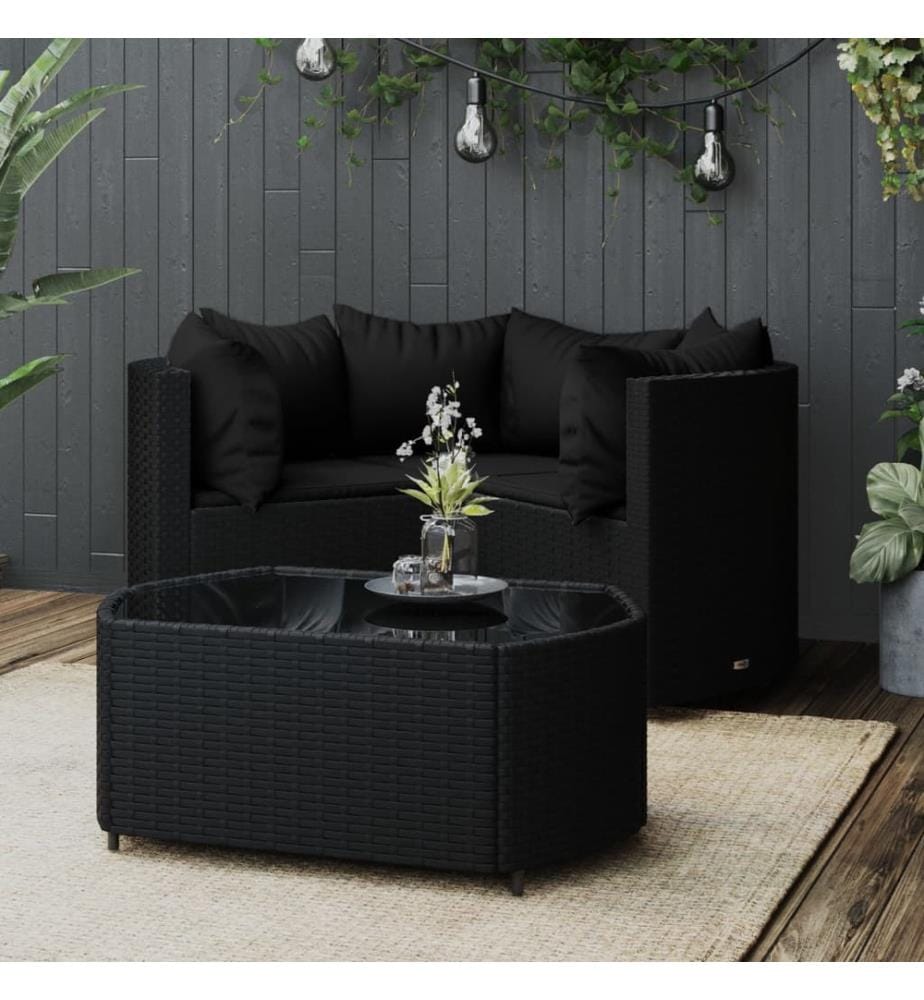 4-tlg. Garten-Lounge-Set mit Kissen Schwarz Poly Rattan