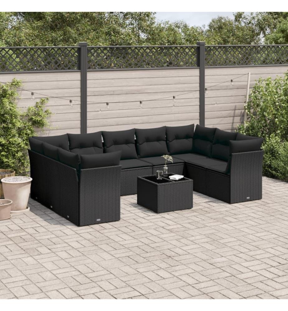 10-tlg. Garten-Sofagarnitur mit Kissen Schwarz Poly Rattan