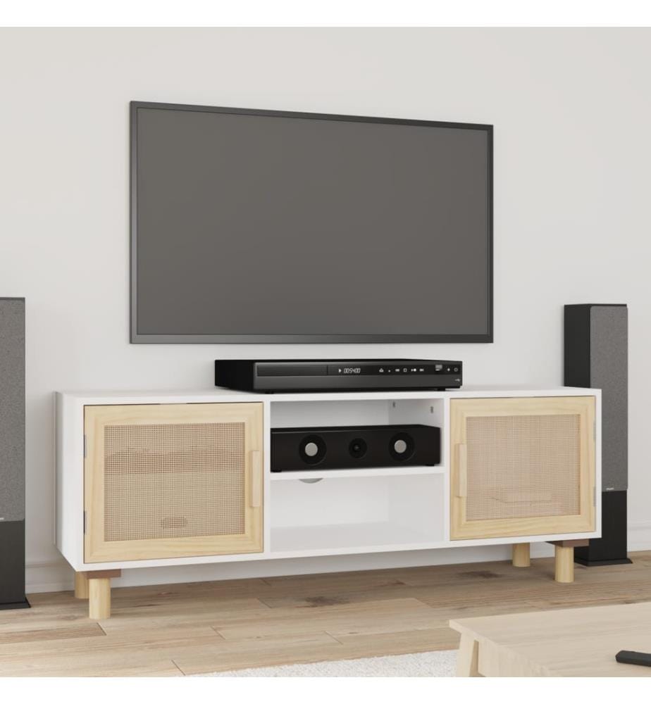 TV-Schrank Weiss 105x30x40 cm Massivholz Kiefer Natur-Rattan