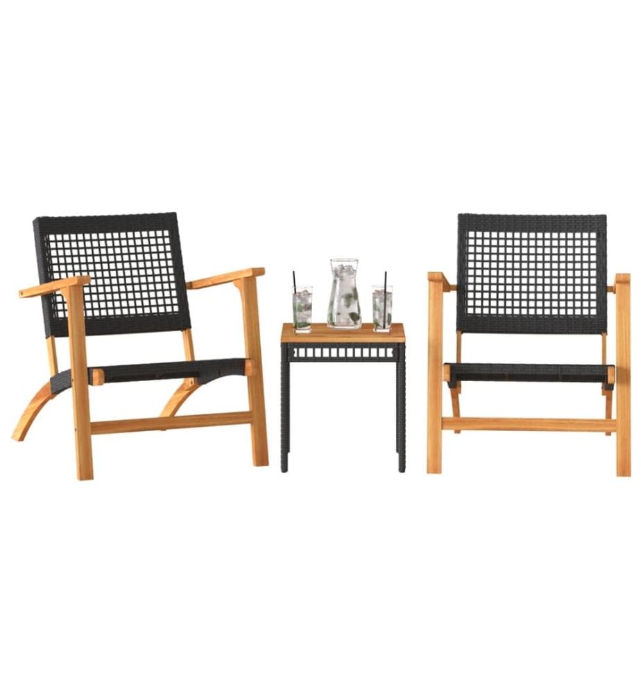 3-tlg. Bistro-Set Schwarz Poly Rattan und Massivholz Akazie