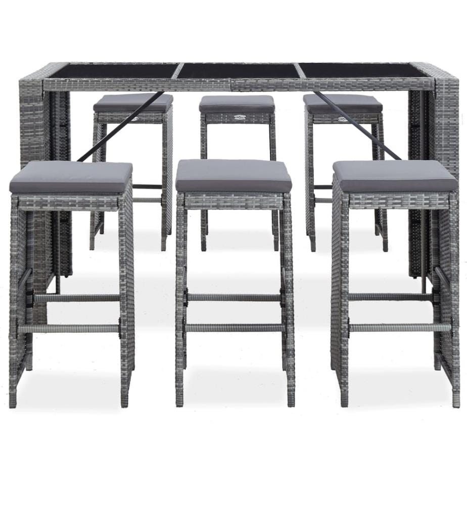 7-tlg. Gartenbar-Set mit Auflagen Poly Rattan Grau