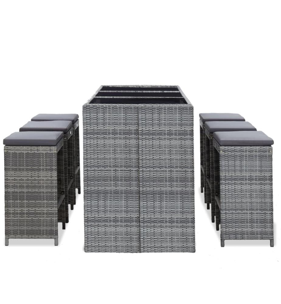 7-tlg. Gartenbar-Set mit Auflagen Poly Rattan Grau