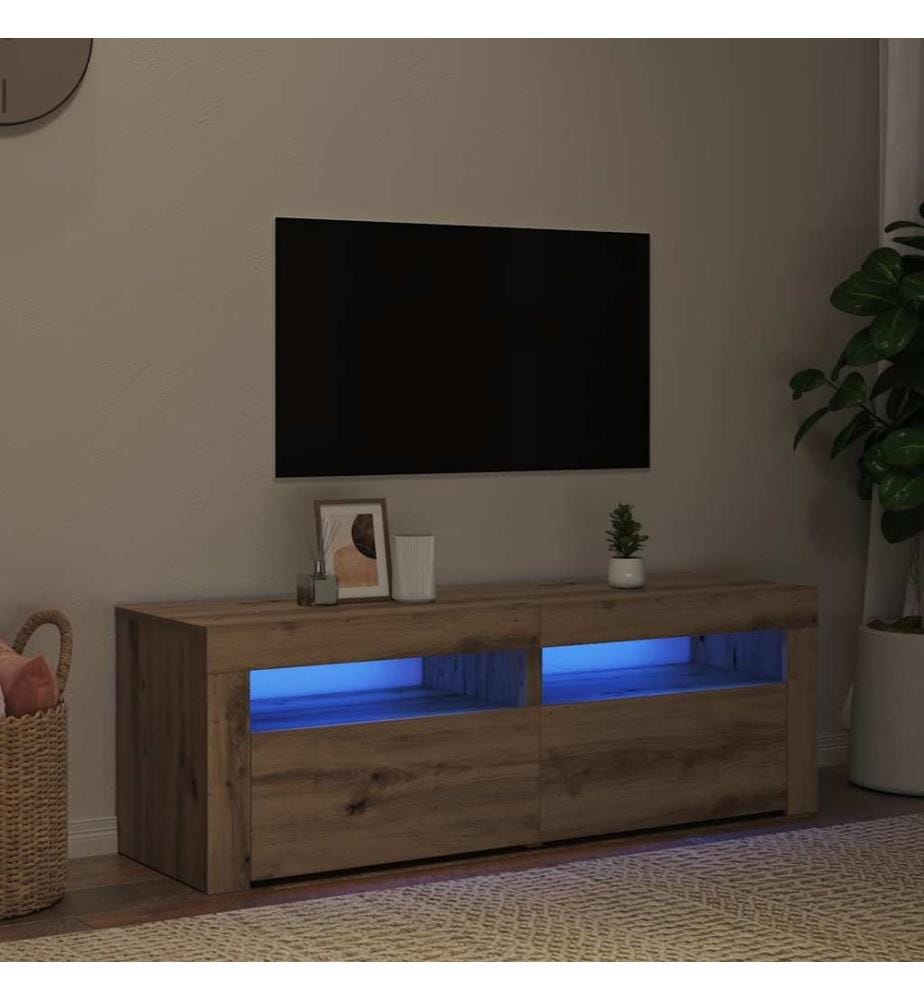 Meuble TV avec lumières LED chêne artisanal bois d'ingénierie