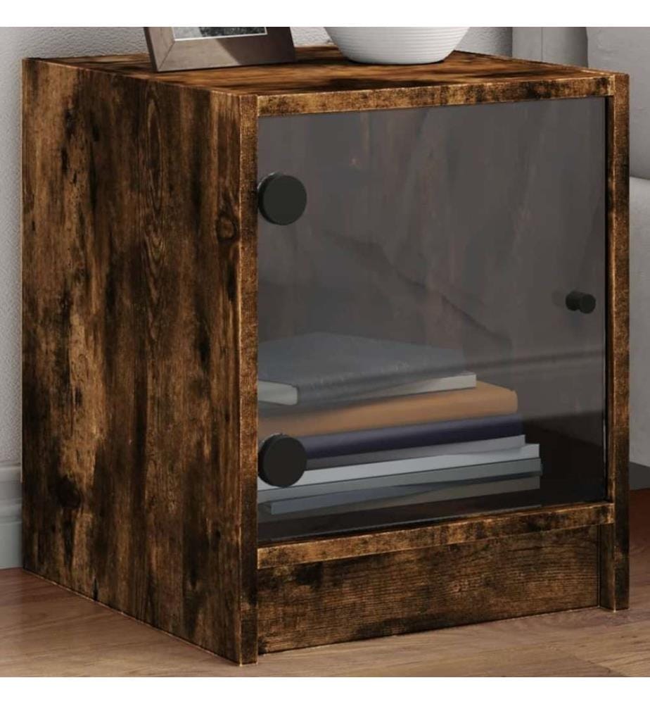 Table de chevet avec porte en verre chêne fumé 35x37x42 cm