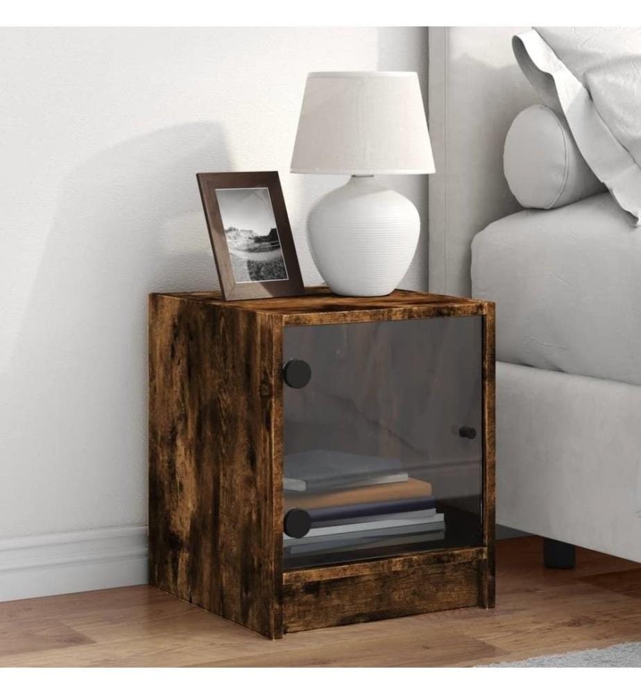 Table de chevet avec porte en verre chêne fumé 35x37x42 cm