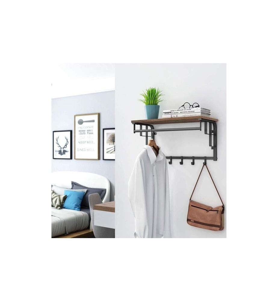 VASAGLE - Portemanteau mural avec crochet et barre 66 x 27 cm, Brun/Noir