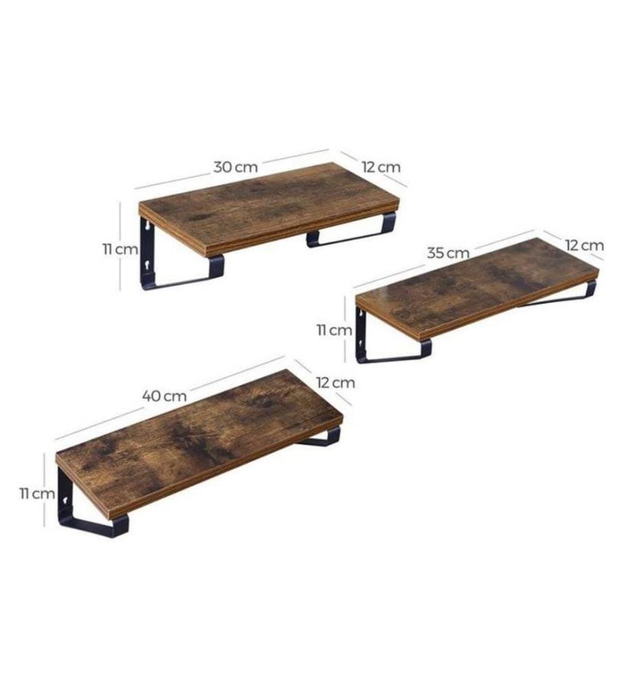 VASAGLE - Wandregal 3er Set 30/35/40 x 11 cm/12 cm, Braun/Schwarz