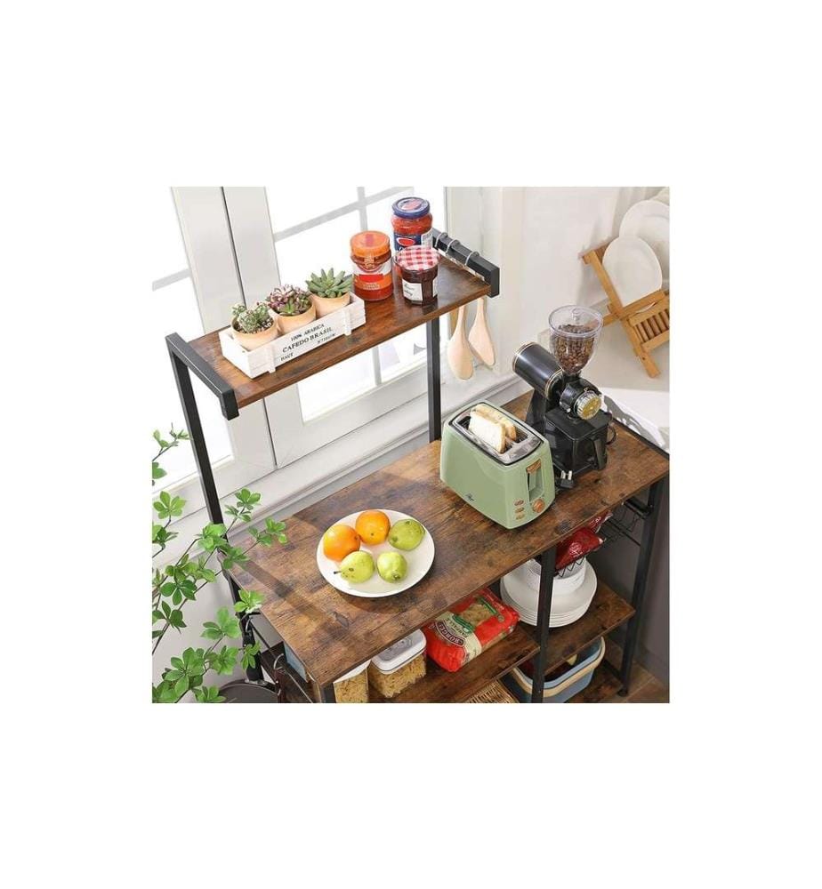 VASAGLE - Küchenregal mit 6 Haken 90 x 132 cm, Dunkelbraun/Schwarz