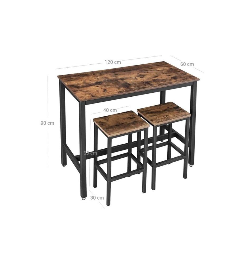 VASAGLE - Table de bar avec 2 tabourets 40/120 x 65 cm/90 cm, Brun/Noir